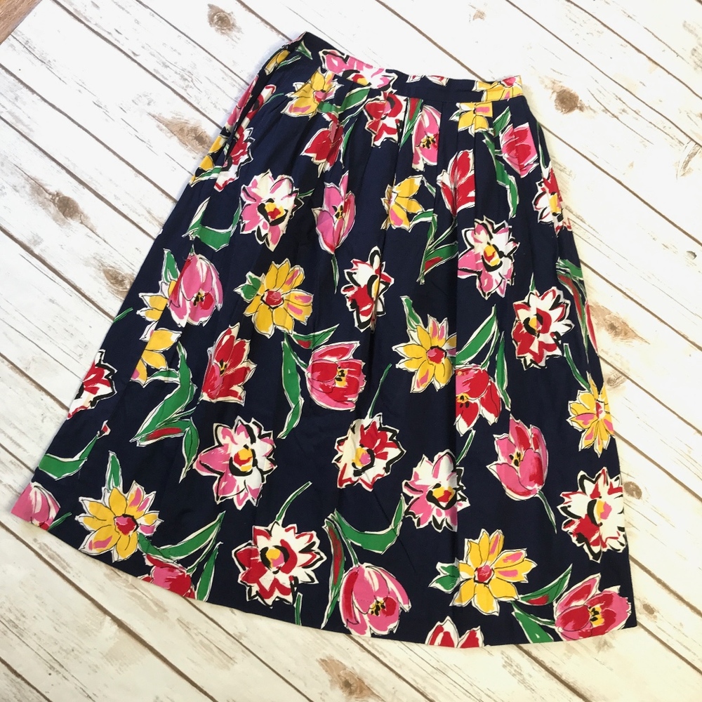 Vintage Navy Multicolor Floral Pleated Pinup Midi